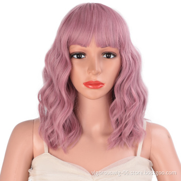 Best Hair Short Vendors High Quality Temperature With Bang Loose Wave Deep Pink Wholesale Wigs Synthetic